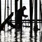 John Parnell works on the piles under his Portobello Rd boat shed, in Dunedin. PHOTO: PETER MCINTOSH