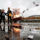 Ocean Rebellion activists dressed as Boris Johnson and ‘‘Oil head’’ set fire to the sail of a...