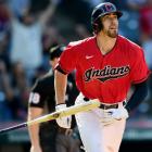 Cleveland Indians centre fielder Bradley Zimmer tosses his bat after hitting a home run off...