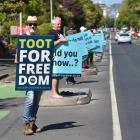 Vaccine mandate protesters stand opposite the North Ground on SH1 on Saturday morning. PHOTO:...