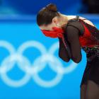 Kamila Valieva of the Russian Olympic Committee reacts after her performance. Photo: Reuters