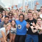 Ziggy Lesa with Studholme students as they gear up for a toga party at Forsyth Barr Stadium....