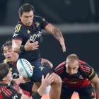 Highlander Thomas Umaga-Jensen goes high for the ball with players (from left clockwise) Crusader...