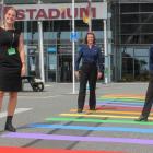 ILT Stadium Southland managers (from left) Jordan Skelt, Joz Shepard and Lilly Griffin stand on...