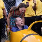  William, Duke of Cambridge, tries out the bobsleigh of the Jamaican national team, watched by...