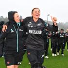 Katey Martin (left) and Suzie Bates celebrate after winning the 2022 ICC Women's Cricket World...