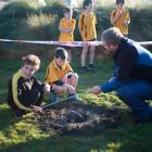 Ardgowan School pupils Kyden Fraser-Stewart (9, left) and Beau Arthur (7) chat about meteorites...