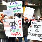 Zeagold workers protest outside the company’s head office in Dunedin yesterday. PHOTO: PETER...