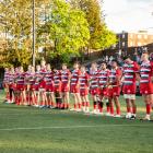 The New England Free Jacks line-up for the national anthem ahead of a game at their home venue in...