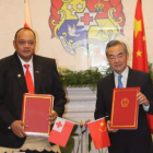 Tonga's Prime Minister Siaosi Sovaleni with China's Foreign Minister Wang Yi this week. Photo:...