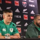 Ireland captain, Johnny Sexton (left), and coach Andy Farrell speak to media following the...