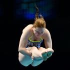 New Zealander Maggie Squire competes in the women’s 1m springboard preliminaries at the Fina...