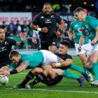 Andrew Porter of Ireland scores a try during the International Test match between the New Zealand...