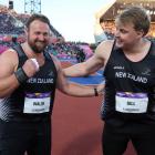 Tom Walsh (L) and Jacko Gill celebrate their one-two finish in the men's shot put final. Photo:...