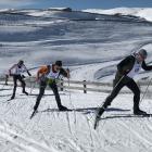 Skiers tackle the first of four hilly laps of the Snow Farm trails at the national cross country...