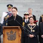 Prime Minister Jacinda Ardern speaks on the steps of Parliament during the earlier proclamation...