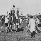 A win for us all? Lineout in the Otago-Sydney inter-varsity rugby match. — Otago Witness, 12.9.1922 