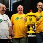 Lego User Group South secretary and trustee Gavin Evans (left) poses with New Zealand’s first...