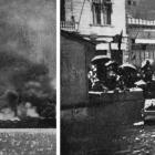 Buildings, as viewed from the British flagship HMS Iron Duke, burn in the Anatolian city of...
