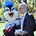 Fifa women's World Cup chief executive Dave Beeche with mascot Tazuni. PHOTO: PETER MCINTOSH