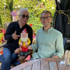 Dr Ashley Bloomfield with Achilles the gnome and artist Henry Sunderland. Photo: Supplied