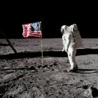 Astronaut Buzz Aldrin stands beside the United States flag on the moon, July 20, 1969. Or does he...