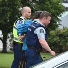 Police take a man into custody after a chase around central Dunedin. Photo: Gregor Richardson