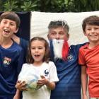 Ready for the Fifa World Cup 2022 final are France football supporters (from left) Victor (12),...