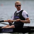 Hamish Bond in action with the New Zealand men’s eight at the 2019 World Rowing Championships in...