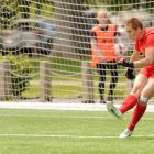 Southern goalkeeper Kate Hannay clears the ball against Western Springs at Logan Park in Dunedin...