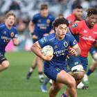 Thomas Umaga-Jensen on his way to a try for Otago against Tasman at Forsyth Barr Stadium this...