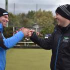 Roger Stevens (left) and Keanu Darby celebrate winning the Bowls Dunedin open men’s pairs title...