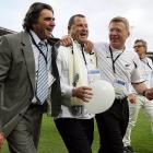 (L-R) Kevin Fallon, Grant Turner and Kenny Cresswell of the 1982 All Whites squad gather before...