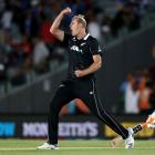 Kyle Jamieson of the Black Caps celebrates the wicket of Navdeep Saini of India during game two...
