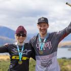 Crankworx Summer Series Wanaka Elite Dual Slalom winners Jess Blewitt and Bas van Steenbergen....
