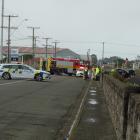 Emergency services at the scene of the crash at the intersection of Oamaru's Humber and Ouse Sts....