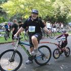 Father Mark and daughter Anna (5) Stevens, of Invercargill, finish the 3km course on a trail...