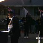 Retired Lt Col Kevin Baff leads proceedings during the Anzac Day Dawn Service in Balclutha today....