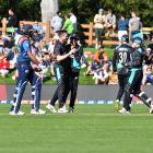 New Zealand's Adam Milne celebrates taking his fifth wicket against Sri Lanka. Photo: Stephen...