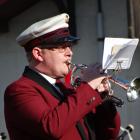 Jonathan Sherwood performs the Last Post in front of The Great War Memorial yesterday as part of...