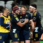 Sam Gilbert celebrates after kicking the winning penalty during the round 13 Super Rugby Pacific...