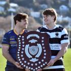 Dunedin front rower Harry Press (left) and Southern loosie Harry Taylor jostle with the...