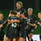 The Football Ferns celebrate a goal during their win over Vietnam in Napier, the final...