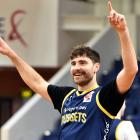 Otago Nuggets centre Sam Timmins celebrates during a training session at the Edgar Centre earlier...
