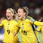 Sweden's Filippa Angeldahl celebrates scoring their second goal against Japan. Photo: Reuters