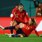 Spain's Olga Carmona celebrates scoring their second goal with Teresa Abelleira at the Fifa Women...