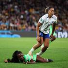 Lauren James stamps on Michelle Alozie, for which she was given a red card. Photo: Getty Images 