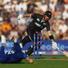 New Zealand's Will Young is run out by England's David Willey in the second one-day international...