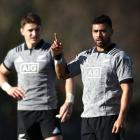 Beauden Barrett and Richie Mo'unga at All Blacks training. Photo: Getty Images
