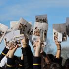 Northern Southland College pupils hold period-proof underwear which was donated to them as part...